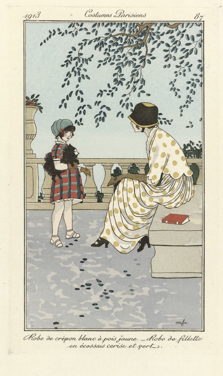 Vestido Crépon blanco con lunares amarillos - Vestido de niña en tartán cereza y verde, de Costumes Parisien, pub.1913 (estampado stencil) de French School