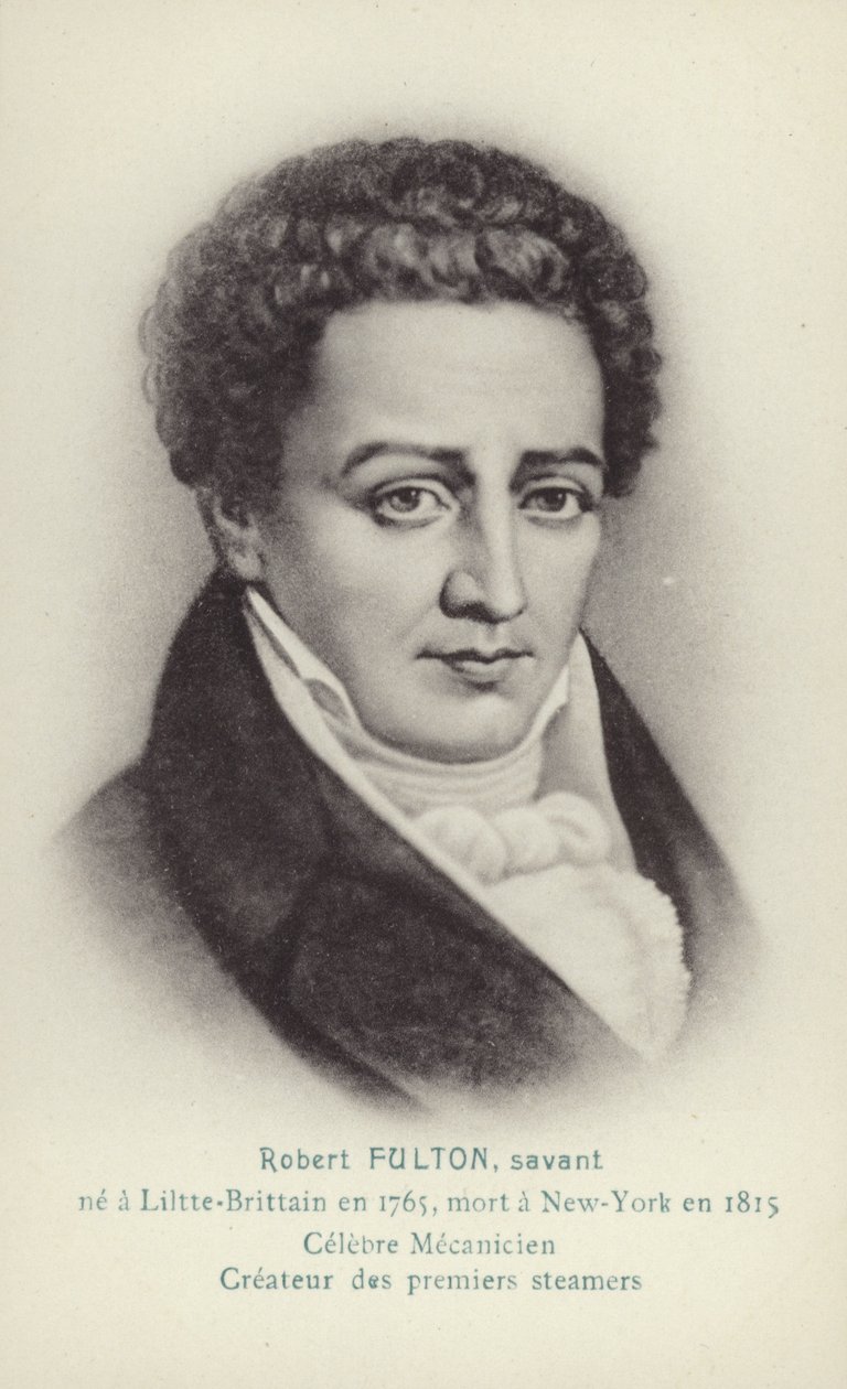 Robert Fulton (1765-1815), ingeniero, inventor y pionero estadounidense de los barcos de vapor (litografía) de French School