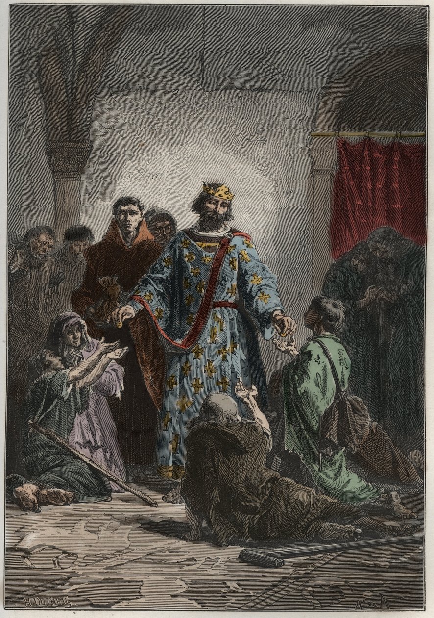 Roberto II el Piadoso (972-1031), rey capeto de Francia en 996-1031, tenía un sentimiento amable hacia los débiles y pobres - grabado de 