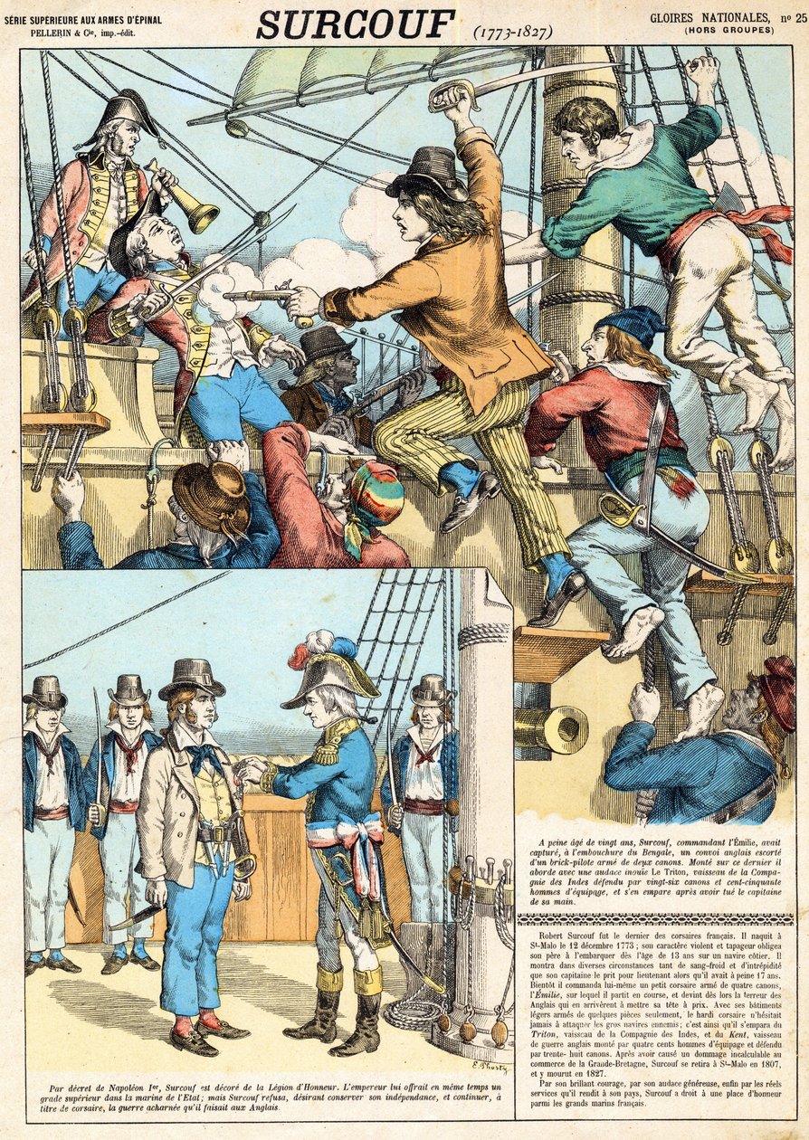 Robert Surcouf (1773-1827) marinero y corsario francés, aquí en el abordaje del barco inglés "Triton" en 1796, grabado de French School