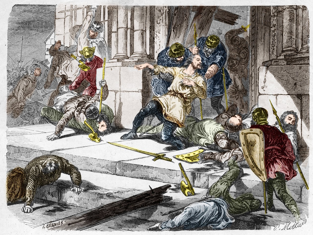 Roberto el Fuerte murió (circa 815-866), duque de Francia, durante la batalla de Brissarthe, en 866, oponiéndose los francos a un ejército combinado de bretones y vikingos. Grabado en “Histoire De France En Cent Paintings” de Paul Lehugeur, 1891 de French School
