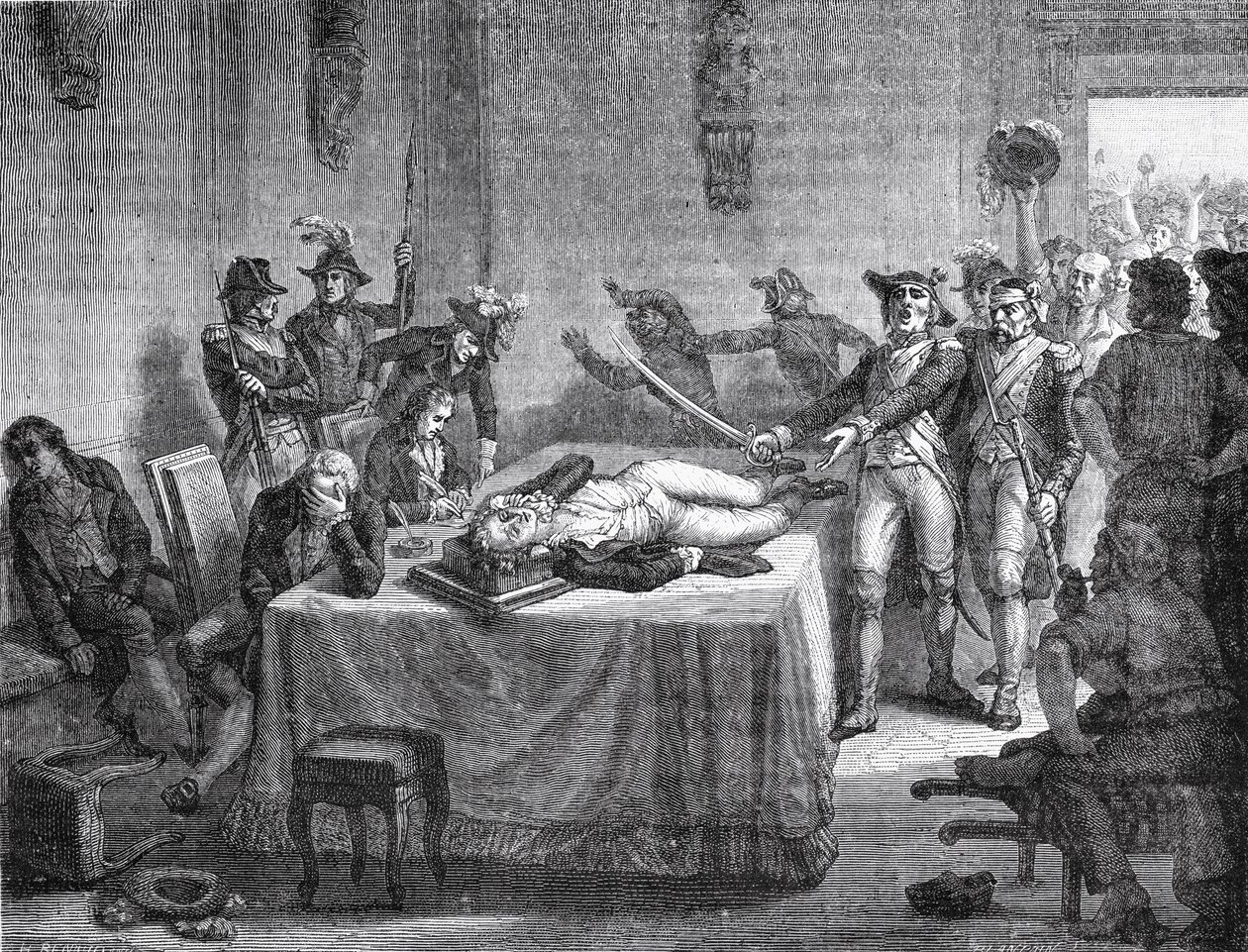 Robespierre esperando la ejecución tras dispararse en la mandíbula en 1794 de French School