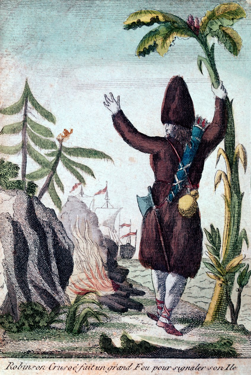 Robinson Crusoe hace un fuego para llamar la atención sobre su isla, Imagerie Basset de French School