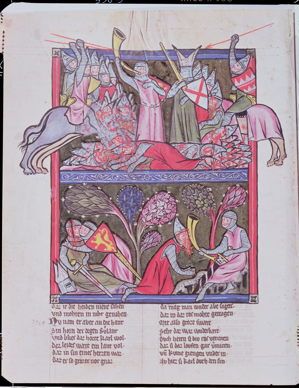 Roland toca el cuerno en Roncevaux, ilustración de La Canción de Roland, copia de un manuscrito original conservado en Saint-Gall en Suiza de French School