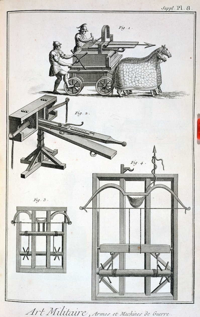 Maquinaria balística romana, de la Encyclopedie des Sciences et Metiers por Denis Diderot (1713-84), publicado c.1770 de French School
