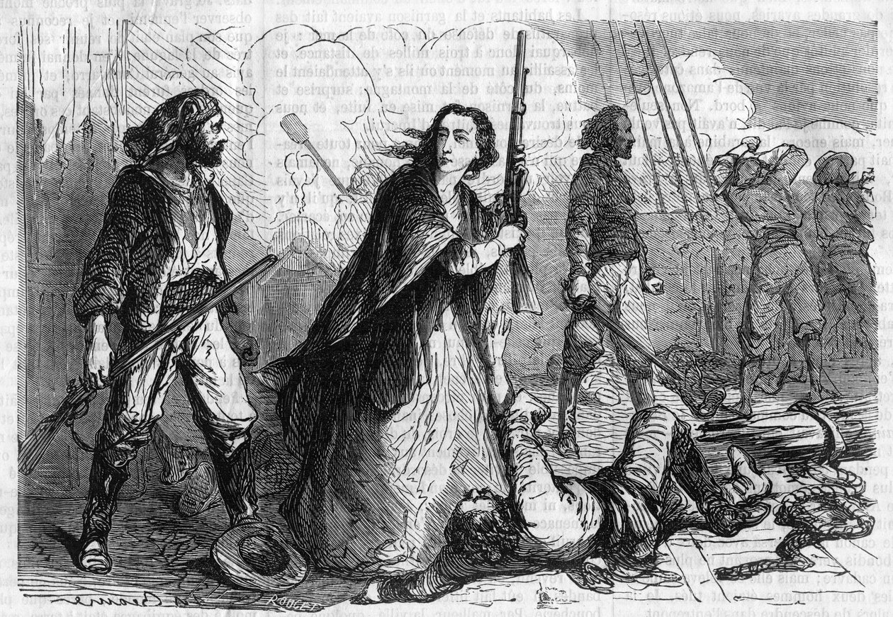 Serie romana: “Memorias de Joseph Garibaldi” de Alexandre Dumas (1802-1870). Anita Garibaldi (1821-1849), esposa de Giuseppe Garibaldi, participando en la batalla, con un rifle en la mano. Grabado en “Les bons romans” de French School