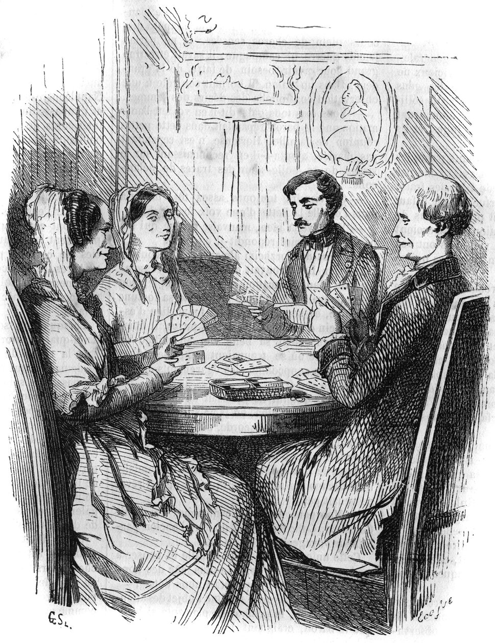 Serie romana: “El Conde de Montecristo” (Monte-Cristo) por Alexandre Dumas (1802-1870). Un juego de cartas entre cuatro personajes. Grabado en “Les bons romans” de French School