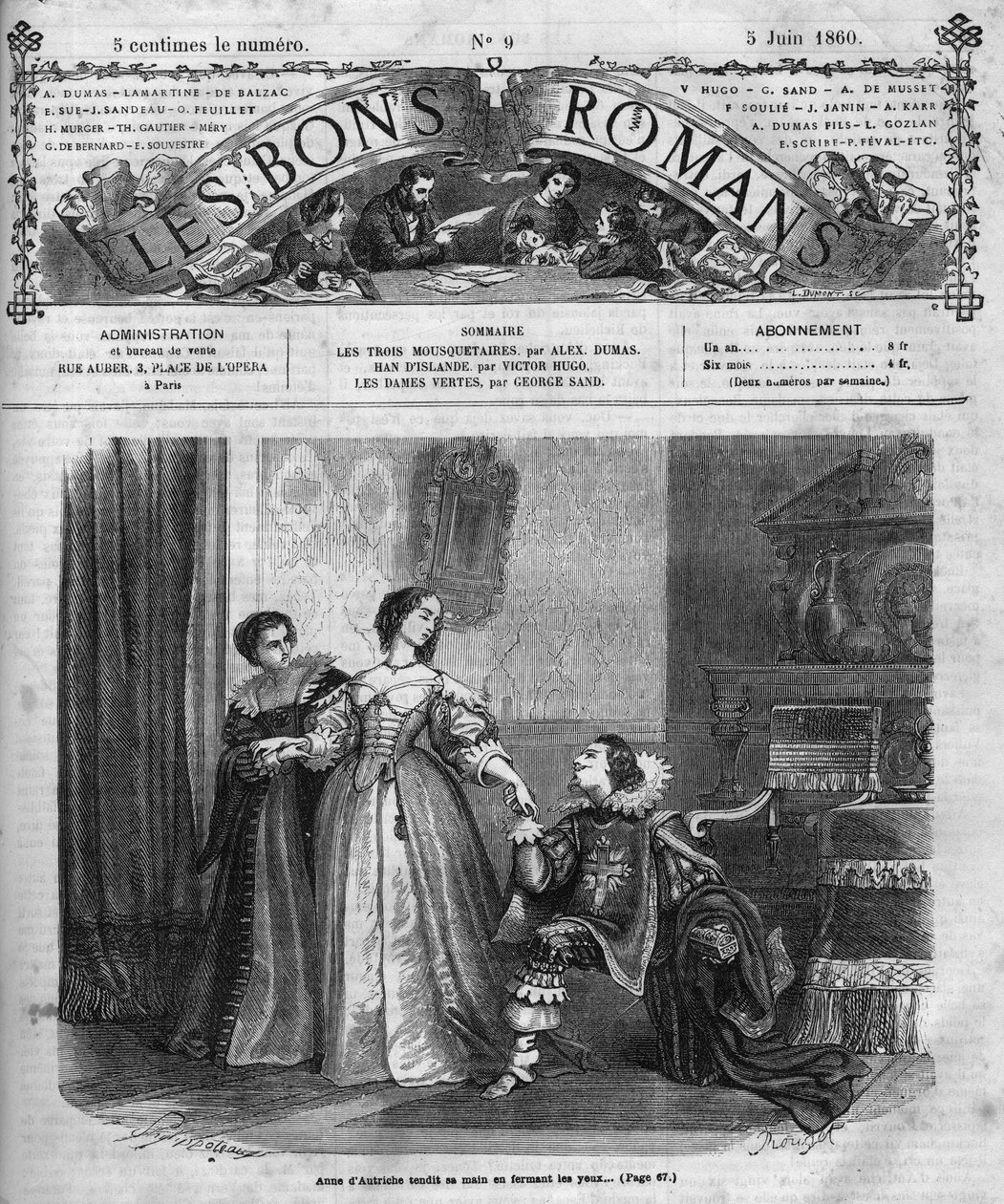Serie de novelas: “Los Tres Mosqueteros” por Alexandre Dumas padre (1802-1870). Ana de Austria (1601-1666) presenta al Duque de Buckingham (Georges Villiers) una caja que contiene sus diamantes. Ilustración del Capítulo XII. Grabado en “Les bons romances” de French School
