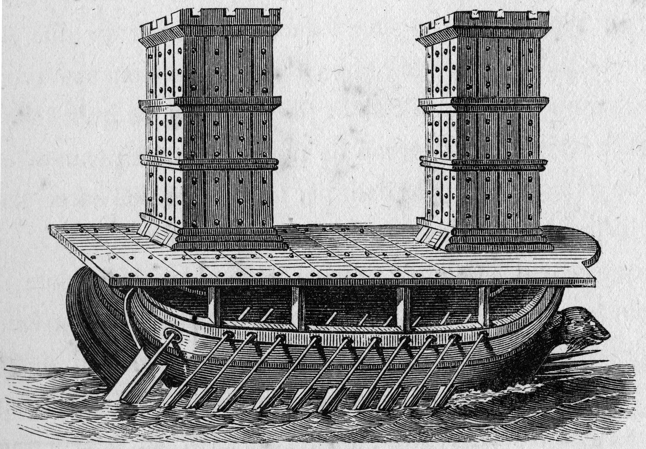 Barco romano a torres. Grabado en “La Marina y las colonias: comercio de French School