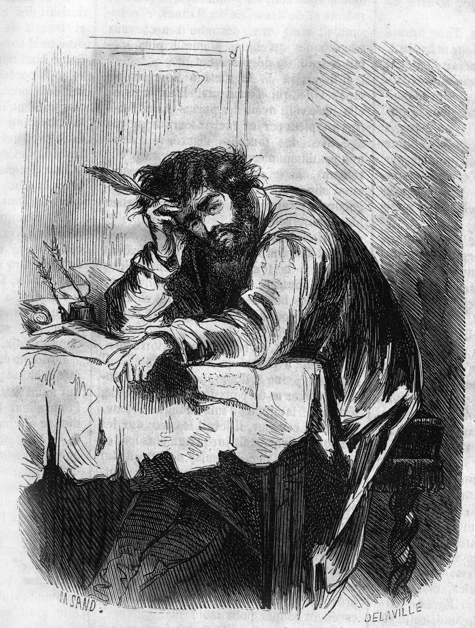 Novela romana: “Horace” de George Sand (Aurore Dupin, Baronne Dudevant) (1804-1876). “Horace estaba comprometido en ensayos literarios.” Grabado en “Les bons romances” de French School