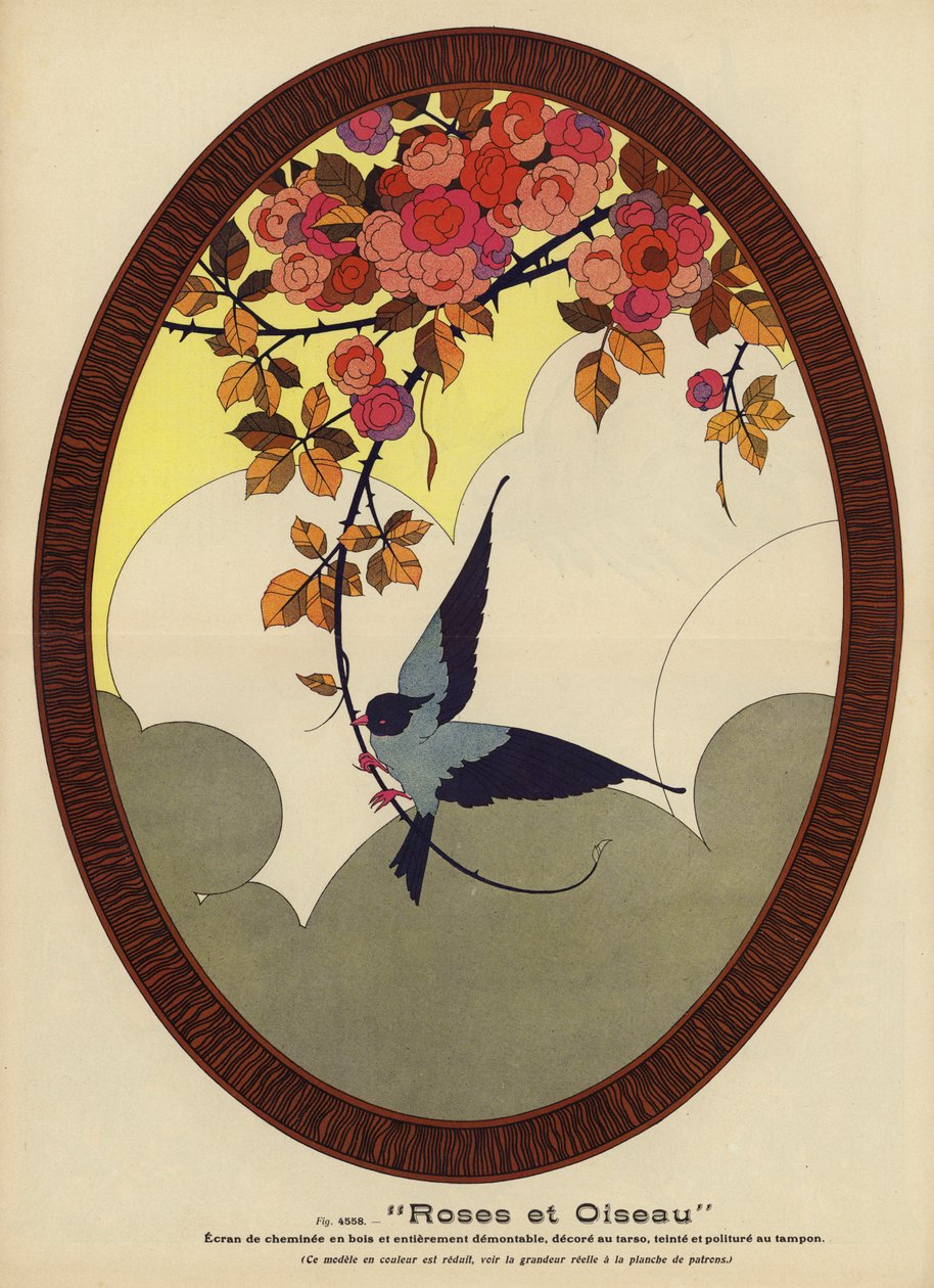 Rosas y pájaros (litografía en color) de French School