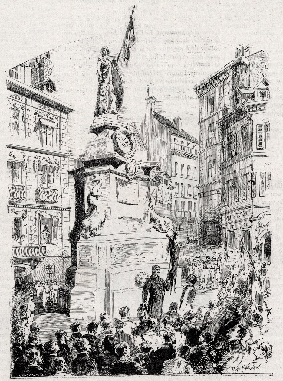 Ruan: miembros de la Liga de Patriotas frente a la estatua de Juana de Arco - dibujo de Paul Merwart para el monitor ilustre de la Liga de Patriotas - 1884 de French School