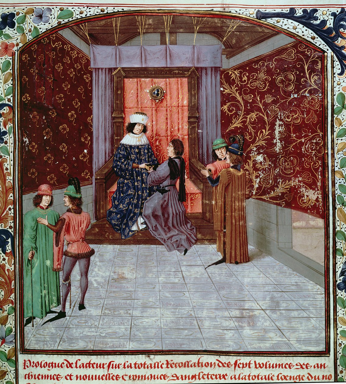 Roy 15 E IV f.14 Eduardo IV recibiendo el libro del autor, de Old Chronicles of England, de Jean Batard de Wavrin, c.1470-80 (vitela) de French School