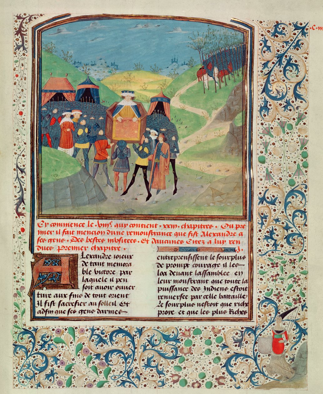Roy 17 FI f.198 Alejandro Magno dirigiéndose a sus hombres con la esperanza de persuadirlos de continuar hacia la India, de Quinte Curse Ruffe des Fais du Grant Alexandre, c.1468 (vitela) de French School
