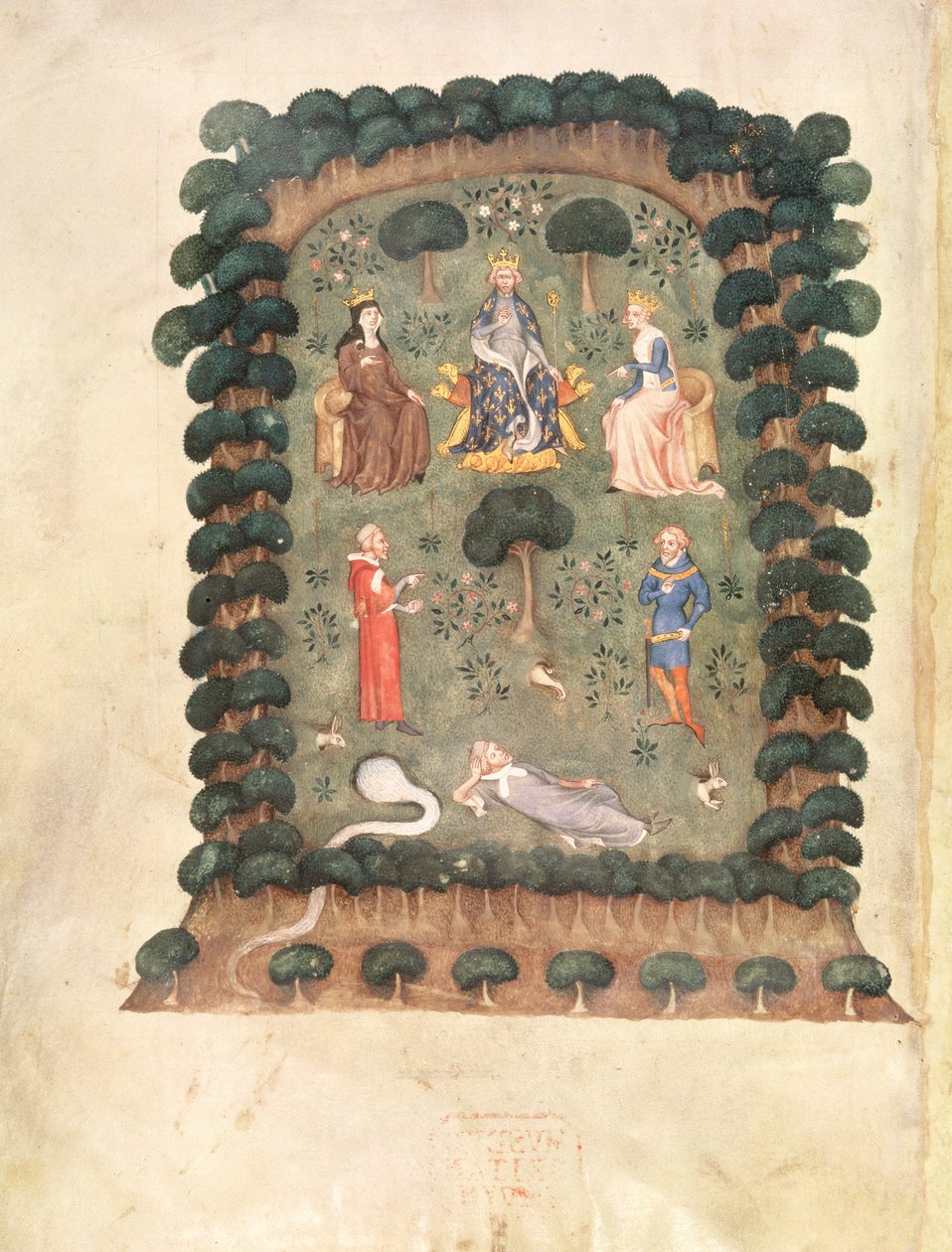 Roy 19 C IV f.298 Carlos V entronizado en el jardín con corona y cetro, del 