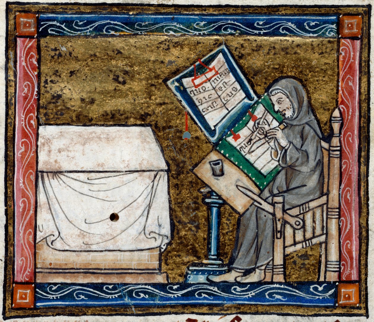 Royal 14 E. III, f.6v Scribe copiando de una copia, ilustración de 