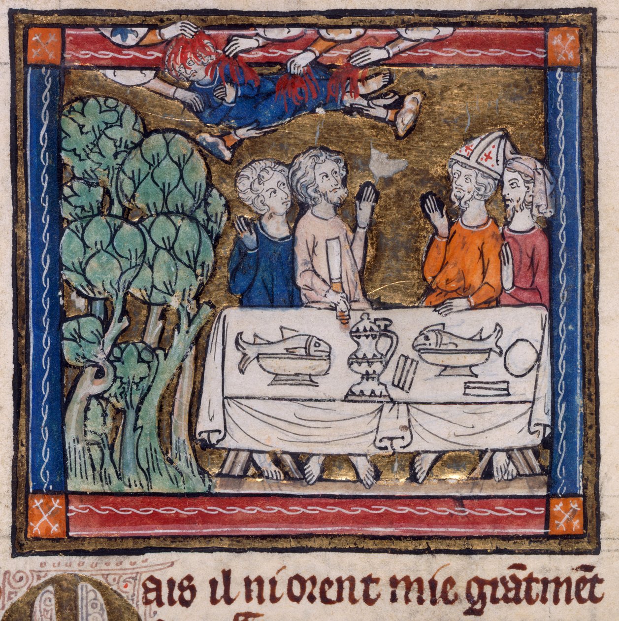 Royal 14 E. III, f.76v Seven Hands Cast Fire on Moys, ilustración de 
