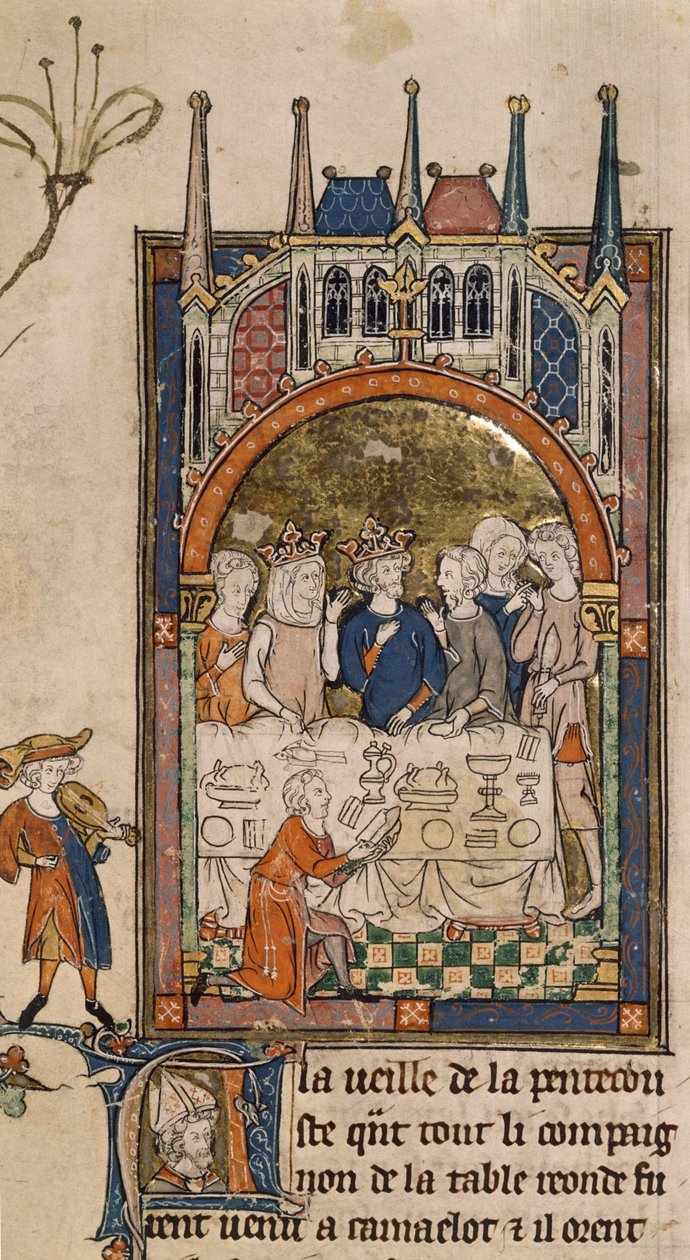 Royal 14 E. III, f.89, Fiesta del Rey Arturo, Rey Arturo y Ginebra en un banquete, con un sirviente arrodillado frente a la mesa cortando pan, de 