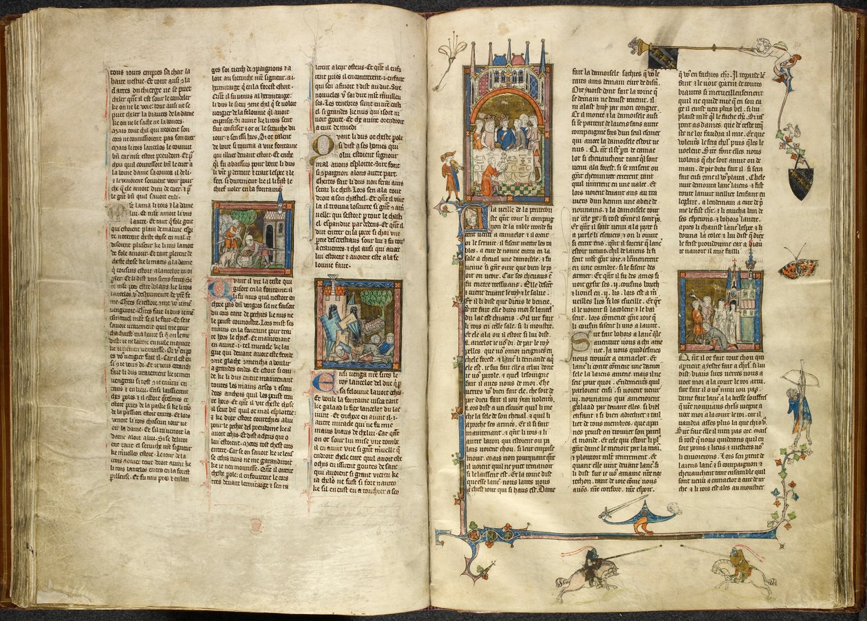 Real 14 E. III, ff.88v-89 Lancelot sacando la cabeza de su abuelo decapitado, el rey, de un pozo hirviendo; un edificio derrumbándose sobre dos caballeros. A la derecha, miniatura de Arturo y Ginebra sentados en un banquete, procedente del "Estoire del Sai de French School