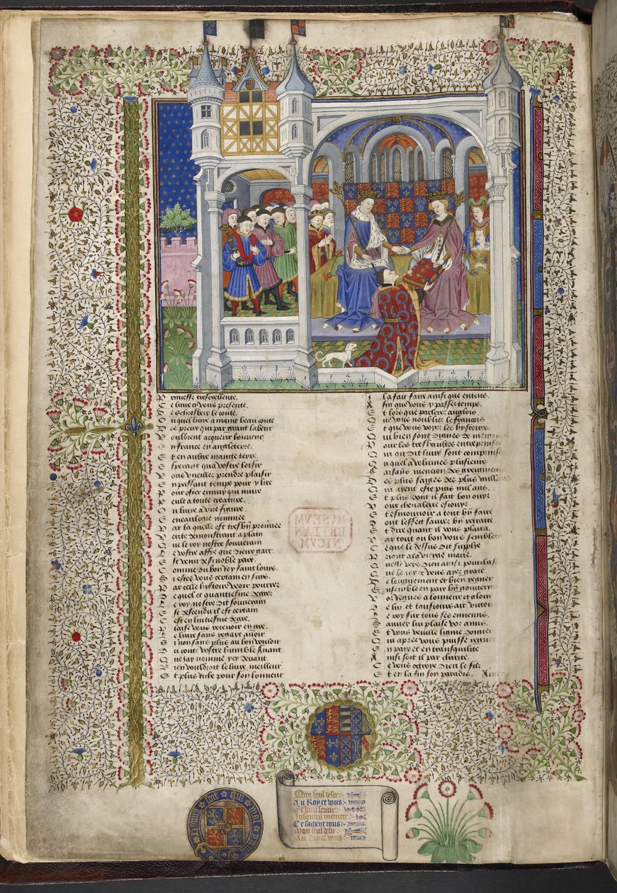 Royal 15 E. VI, f.2v Margaret of Anjou, sentada con su esposo, el rey Enrique VI, ilustración de 