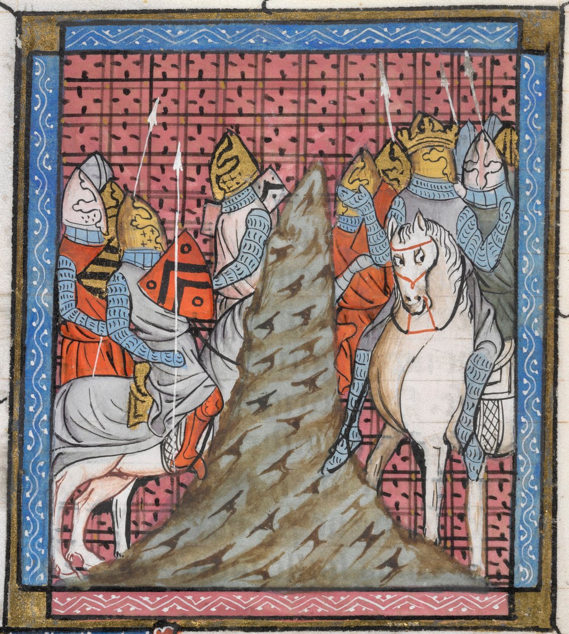 Real 16 G. VI, f.317v Detalle de una miniatura de la división de un ejército cruzado al cruzar una montaña, ilustración de 