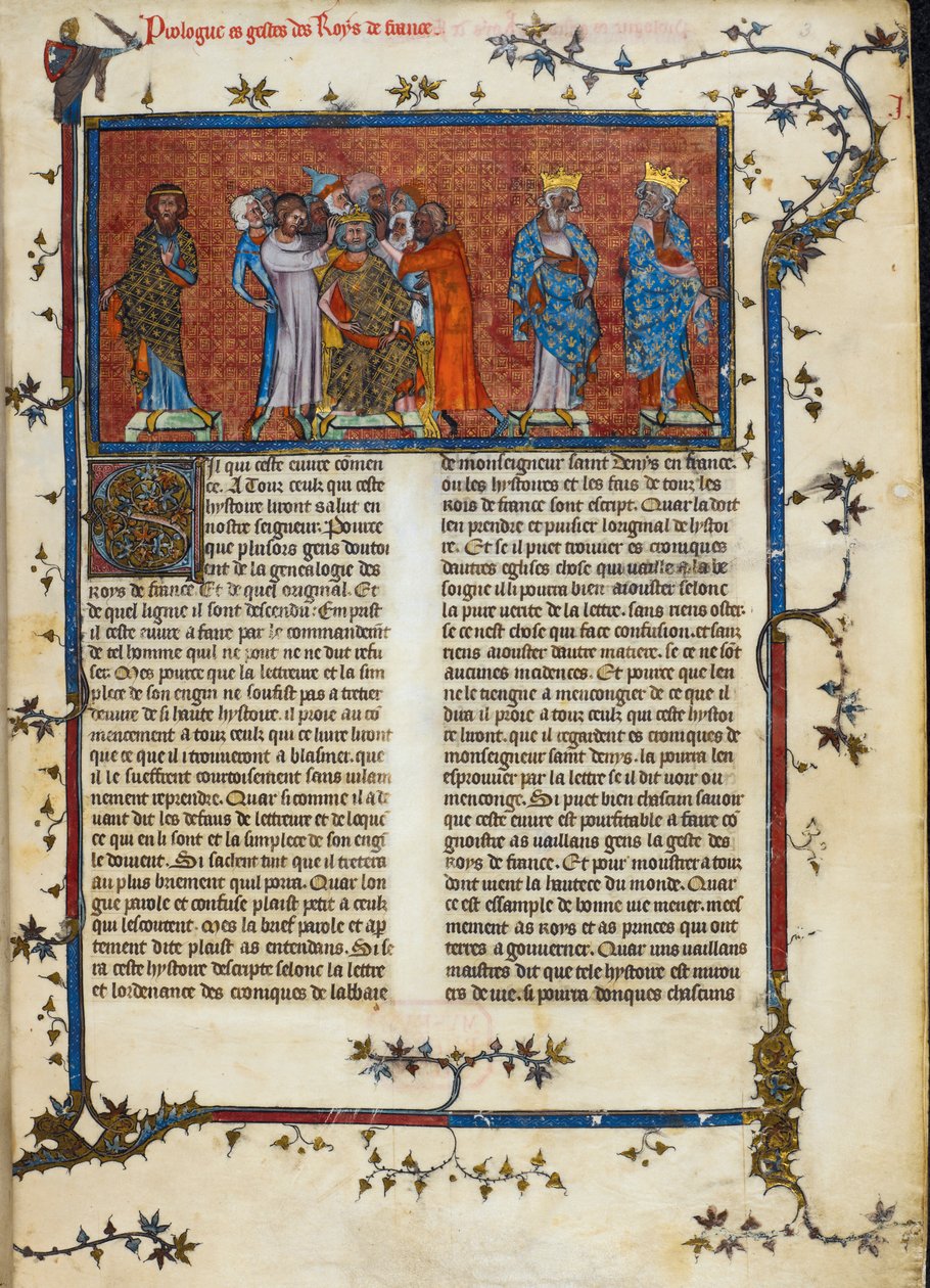 Royal 16 G. VI, f.3 La coronación de Pharamond, ilustración de las 
