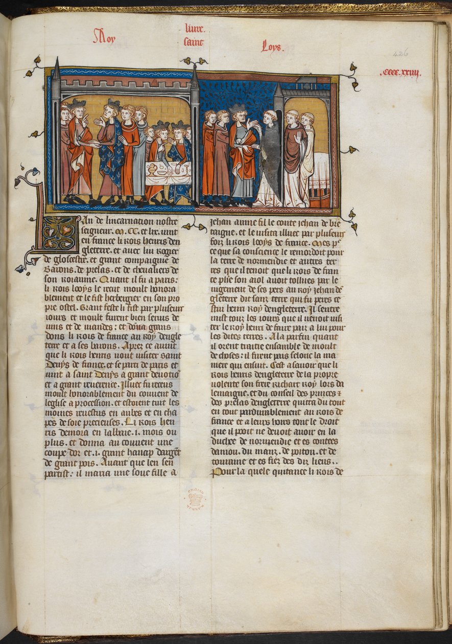 Royal 16 G VI f.426r Miniatura de Enrique III visitando a Luis IX y Enrique III en St Denis, página de 