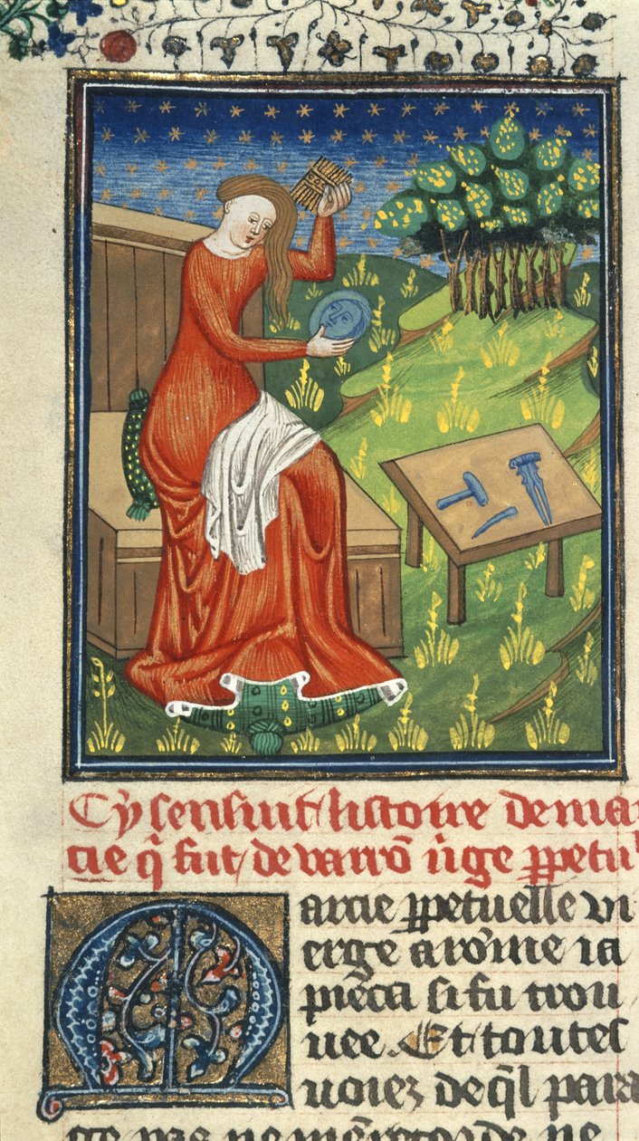 Royal 16 G. V, f.80 Jaia de Cyzicus, con peine, espejo y herramientas de escultor, ilustración de 