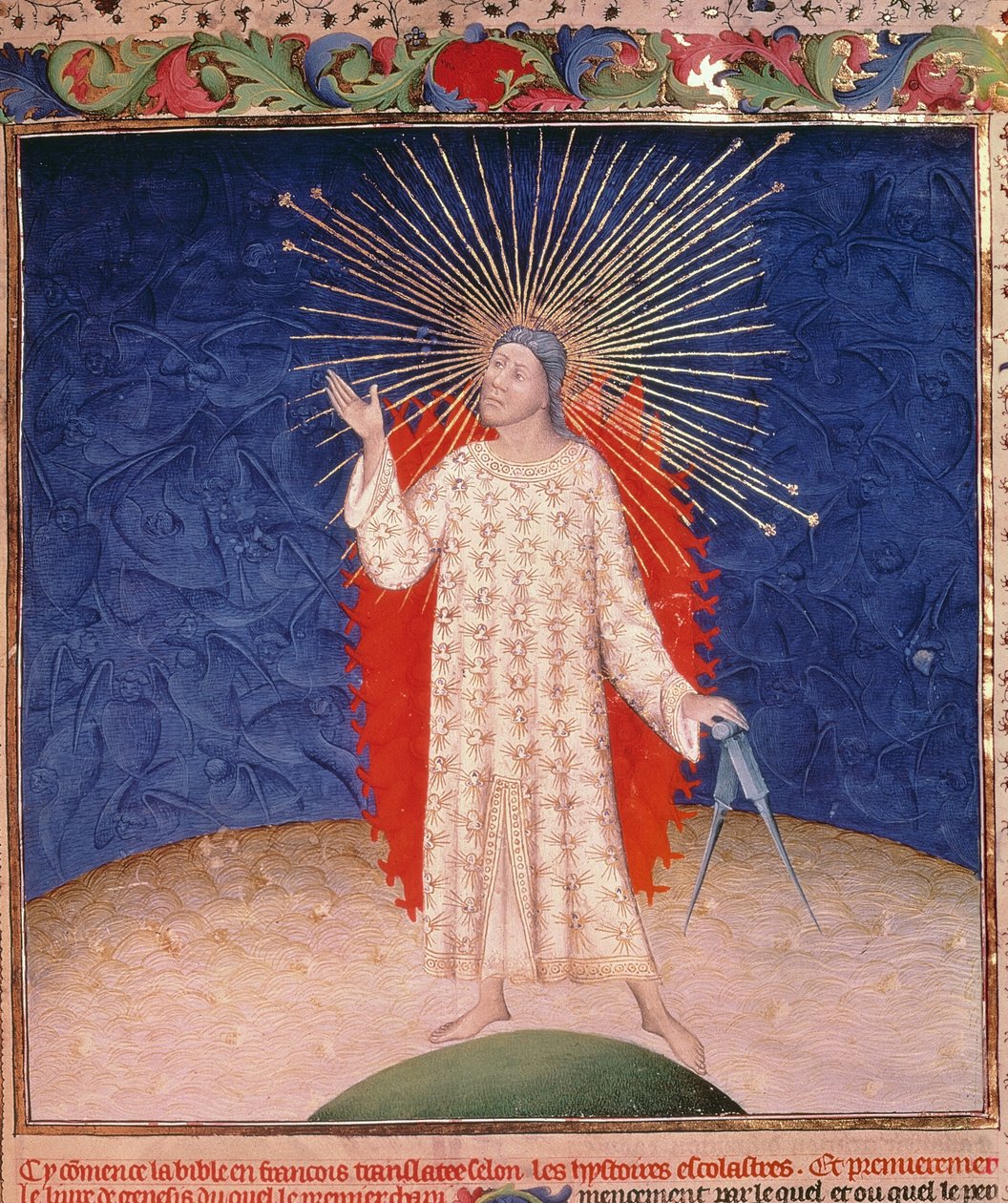 Royal 19 D III, f.3: Dios rodeado de fuego con un compás, de la Biblia Historiale de Guyart des Moulins, c.1411 (vitela) de French School