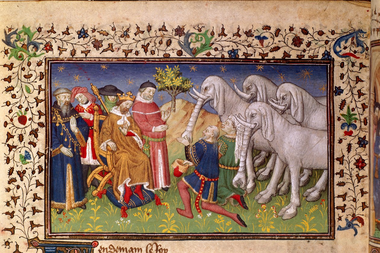 Royal 20 B. XX, fol.82v, Alejandro recibe elefantes blancos, de 