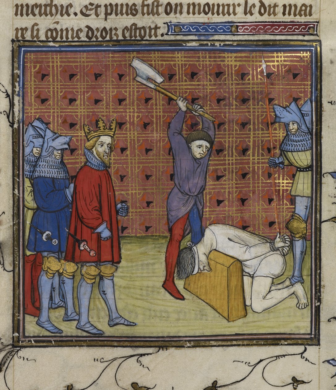 Real 20 C. VII f.134v Líderes del levantamiento de la Jacquerie contra la nobleza francesa decapitados por orden del rey de Navarra, de las "Chroniques de France ou de St Denis" (tinta, color y oro sobre vitela) de French School