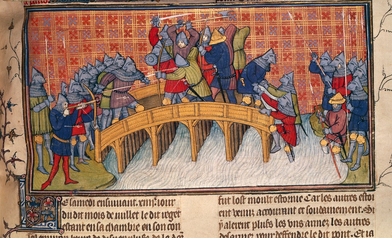 Royal 20 C. VII, fol.137 Batalla en el puente sobre el Sena durante la Guerra de los Cien Años, de 