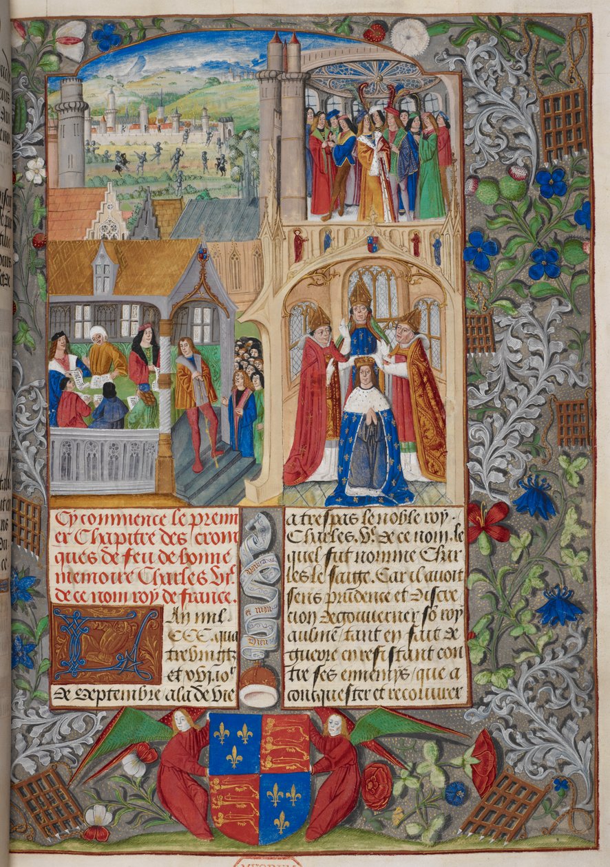 Real 20 E. V, f.8 Coronación de Carlos VII, escenas de las "Chroniques de France ou de Saint Denis" 1487 (vitela) de French School