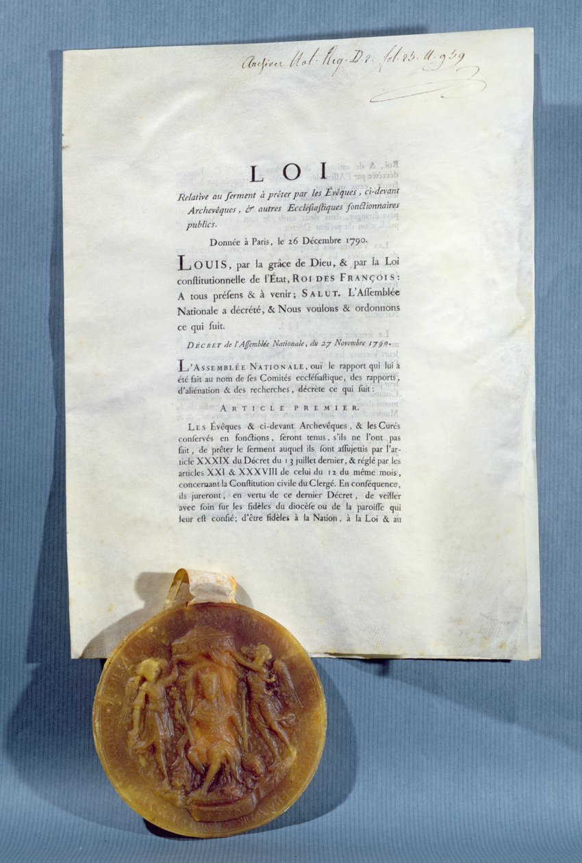 Decreto Real de Luis XVI afirmando la obligación de los obispos y sacerdotes franceses de jurar lealtad a la Constitución Civil del Clero, 16 de diciembre de 1790 de French School