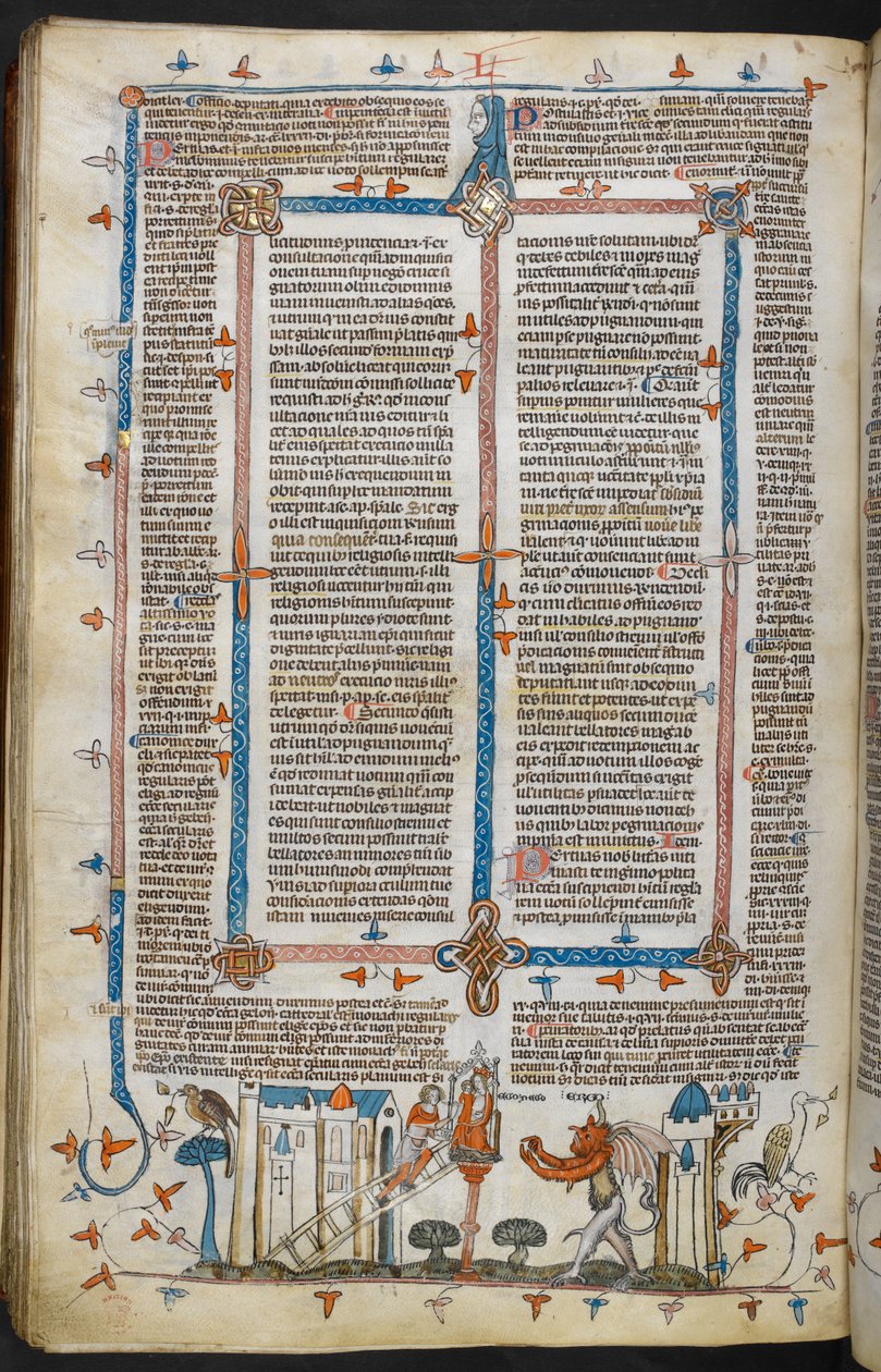 Real MS 10 E IV, f.209v, El pintor y el diablo, de las Decretales de Gregorio IX con glosa de Bernardo de Parma (las "Decretales de Smithfield"), c.1300-40 (vitela) de French School