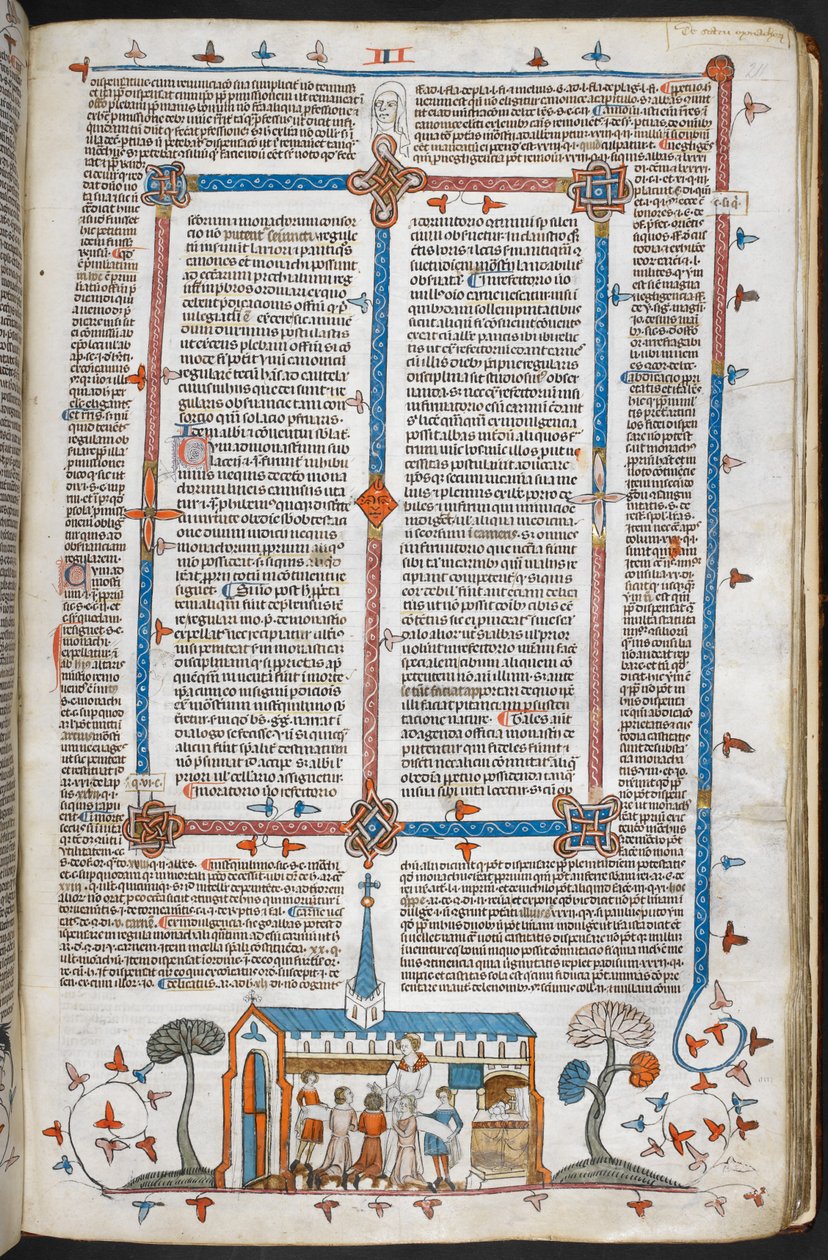 Royal MS 10 E IV f.211r, una escena bas-de-page de comulgantes en una misa, c.1300-40 (pluma y tinta y temple sobre pergamino) de French School