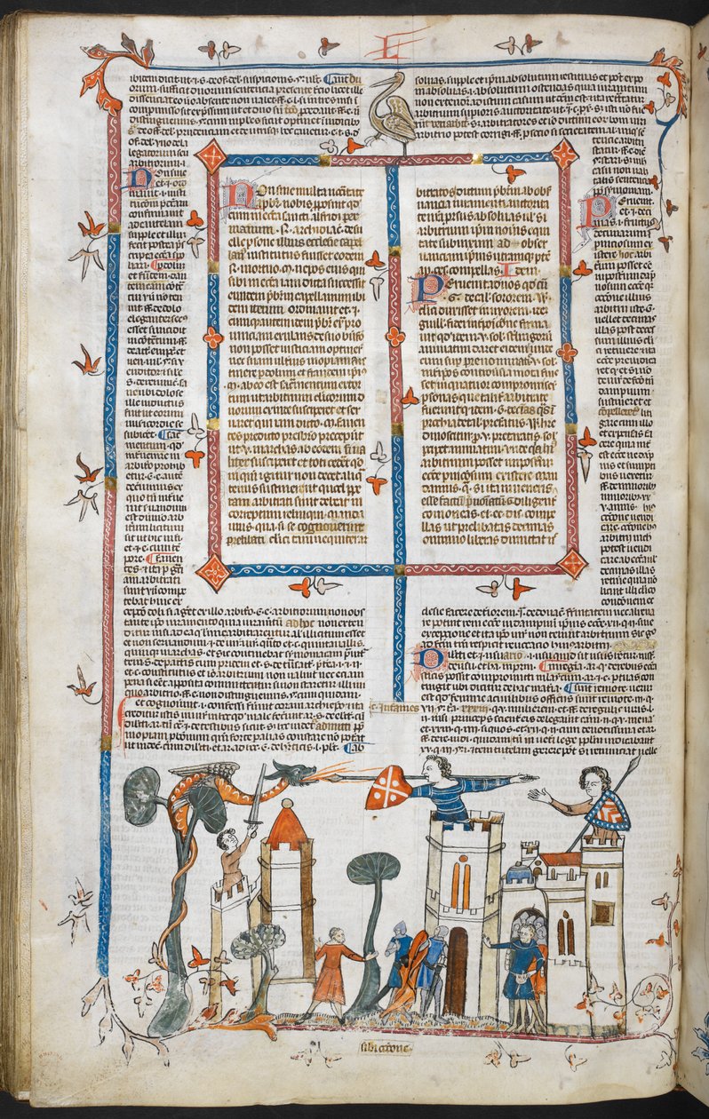 Royal MS 10 E IV f.88v, una escena bas-de-page de un dragón atacando un castillo, c.1300-40 (pluma y tinta y témpera sobre pergamino) de French School