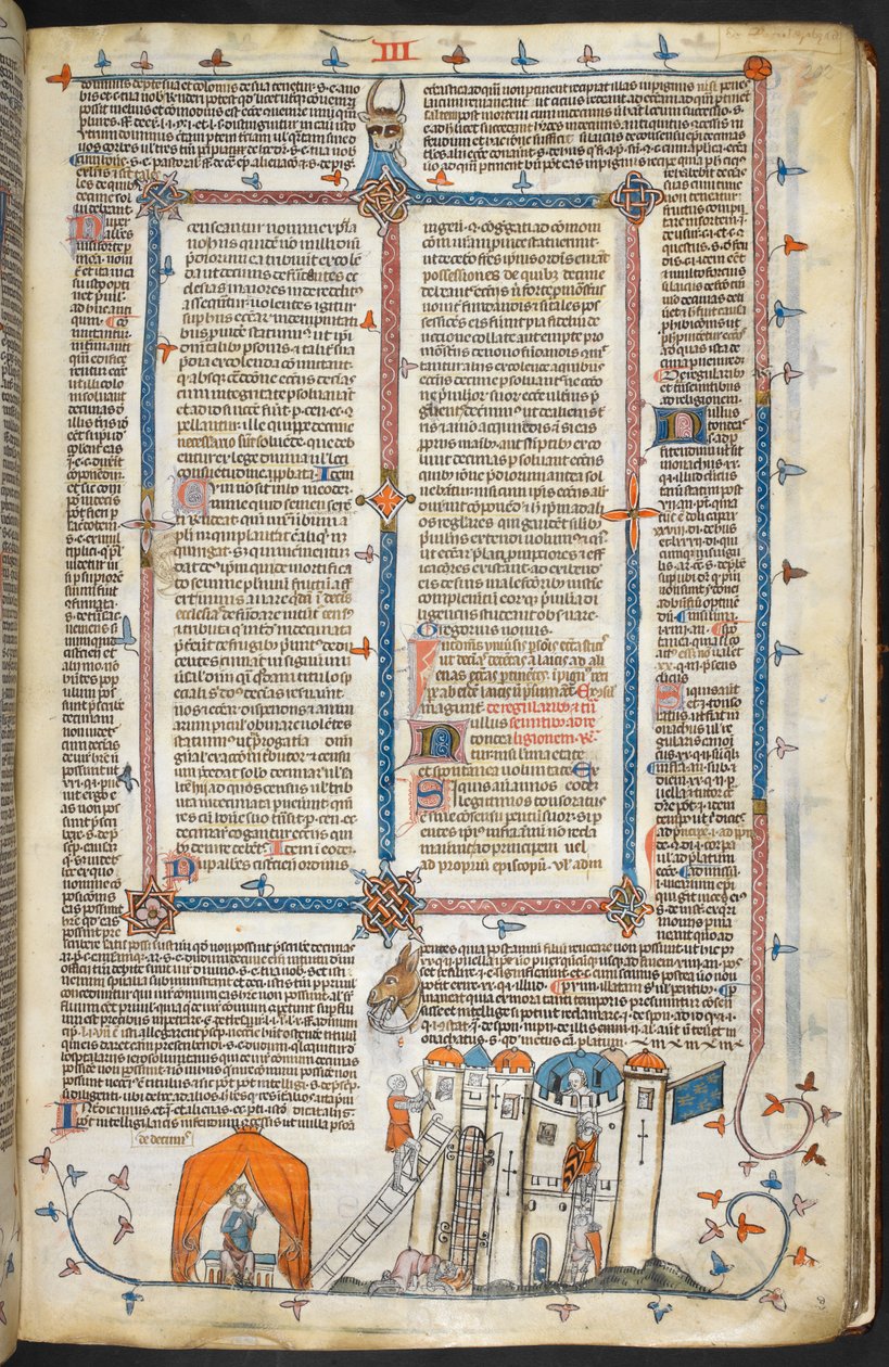 Royal MS 10 iv f.202r Atacar un castillo fortificado y decoración marginal, ilustración de 