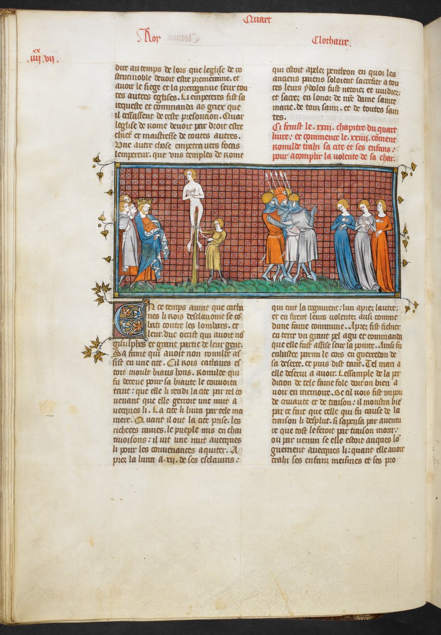 Real MS 16 G. VI, Muerte de Romhilda, las hijas de Romhilda salvan su honor (Libro 4, 24), de Les Grandes Chroniques de France de French School