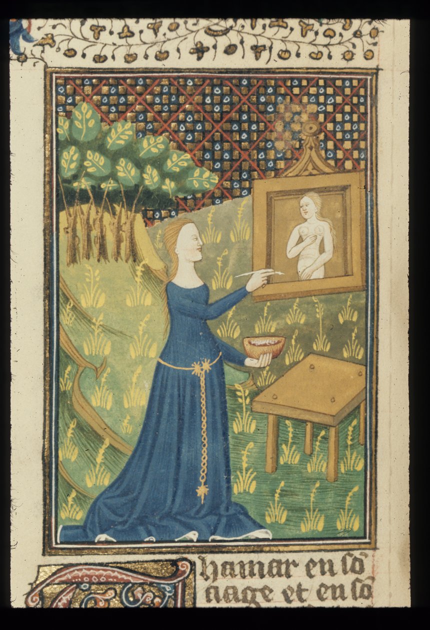 Royal MS 16 G V f.068v Página de De claris mulieribus en una traducción francesa anónima (Le livre de femmes nobles et renomées) de Giovanni Boccaccio, c.1440 (color y oro sobre vitela) de French School