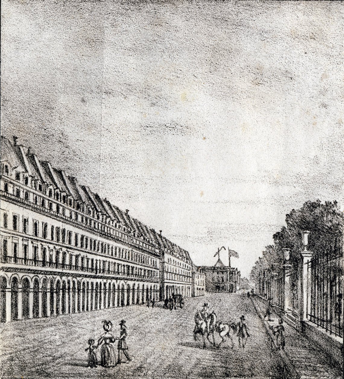 Rue de Rivoli, París - "Alphabet Picturesque des Monumens de Paris" c.1840 (grabado) de French School