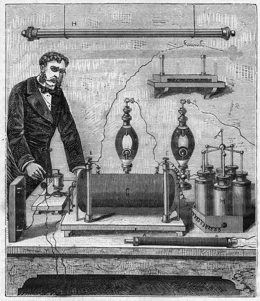 Inductor de Ruhmkorff - La bobina de inducción de Ruhmkorff (Heinrich Daniel Ruhmkorff) - Grabado en “Sciences made available to everyone - physics and chemistry” por Alexis Clerc - Finales del siglo XIX - Colección privada de French School