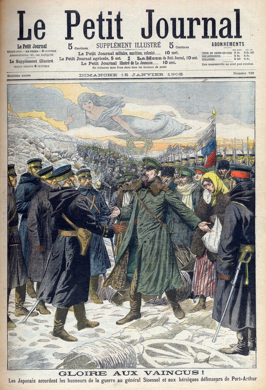 Guerra ruso-japonesa 1904-1905: Japoneses permitiendo al General Stoessel y a los defensores rusos de Port Arthur una rendición honorable. De Le petit Journal, París de French School