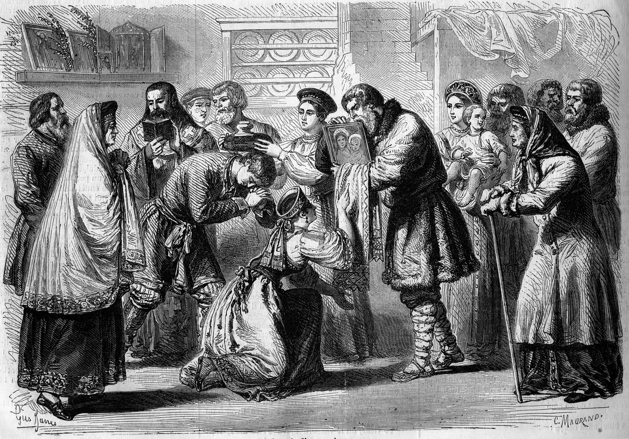 Costumbre rusa - Boda - 1860: ceremonia previa a la boda. El padrino y la madrina bendicen los futuros matrimonios. El padrino les presenta la imagen de Cristo o la Virgen, símbolo de consagración religiosa. La madrina sostiene pan y sal sobre la cabeza de de French School