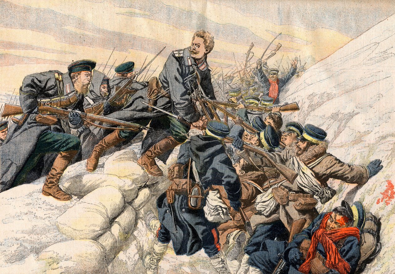 Guerra Ruso-Japonesa - Luchando en las trincheras en Port Arthur. La heroica muerte del teniente ruso Alexander. Ilustración para Le Petit Journal de French School