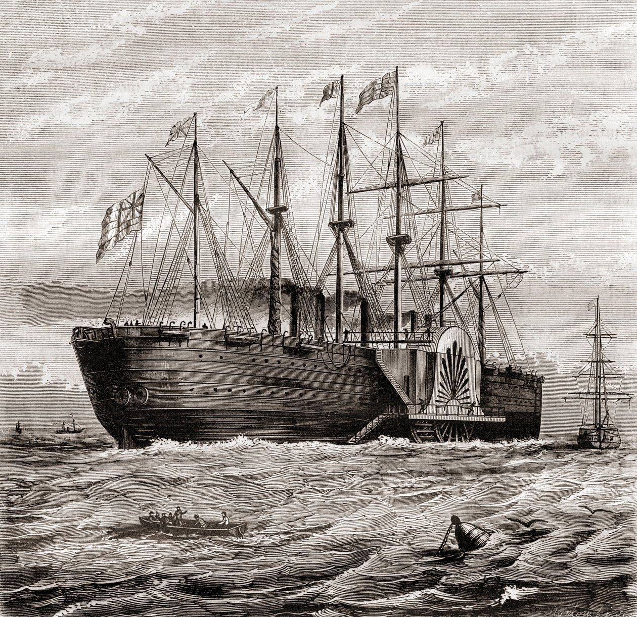 SS Great Eastern, barco de vapor de hierro diseñado por Isambard Kingdom Brunel, de Les Merveilles de la Science, publicado c.1870 (grabado) de French School