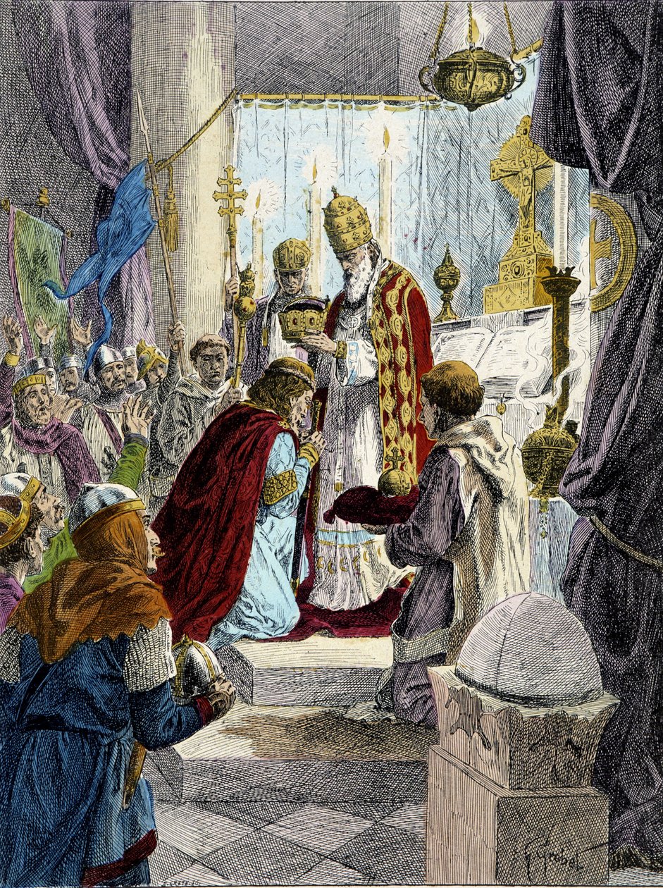 Coronación de Carlomagno (742 - 814) en 800 por el Papa León III de French School
