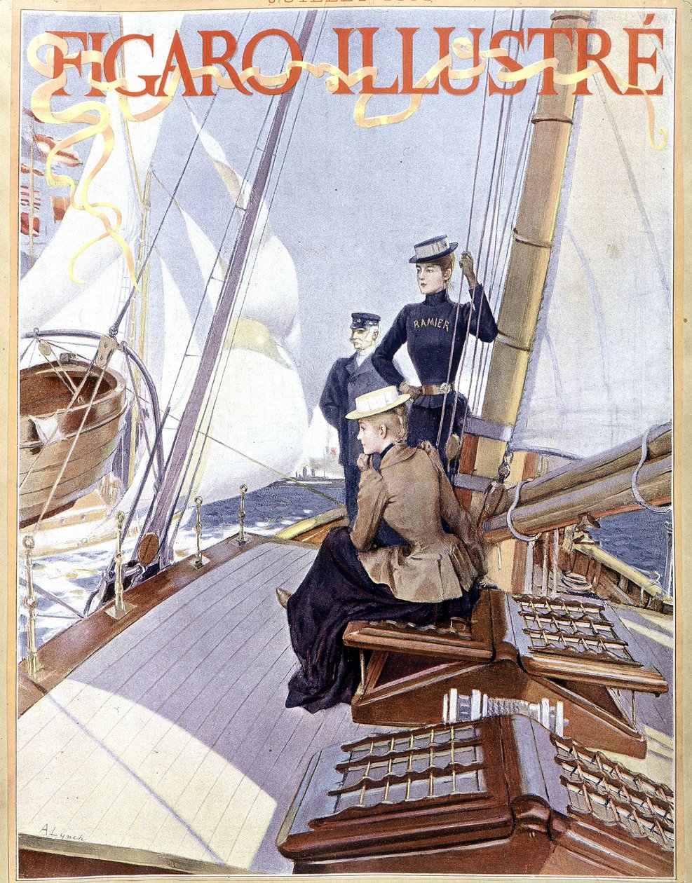 Navegación: mujeres en la cubierta de un barco - dibujo en “Figaro ilustrado” de 1891, Arts Deco de French School