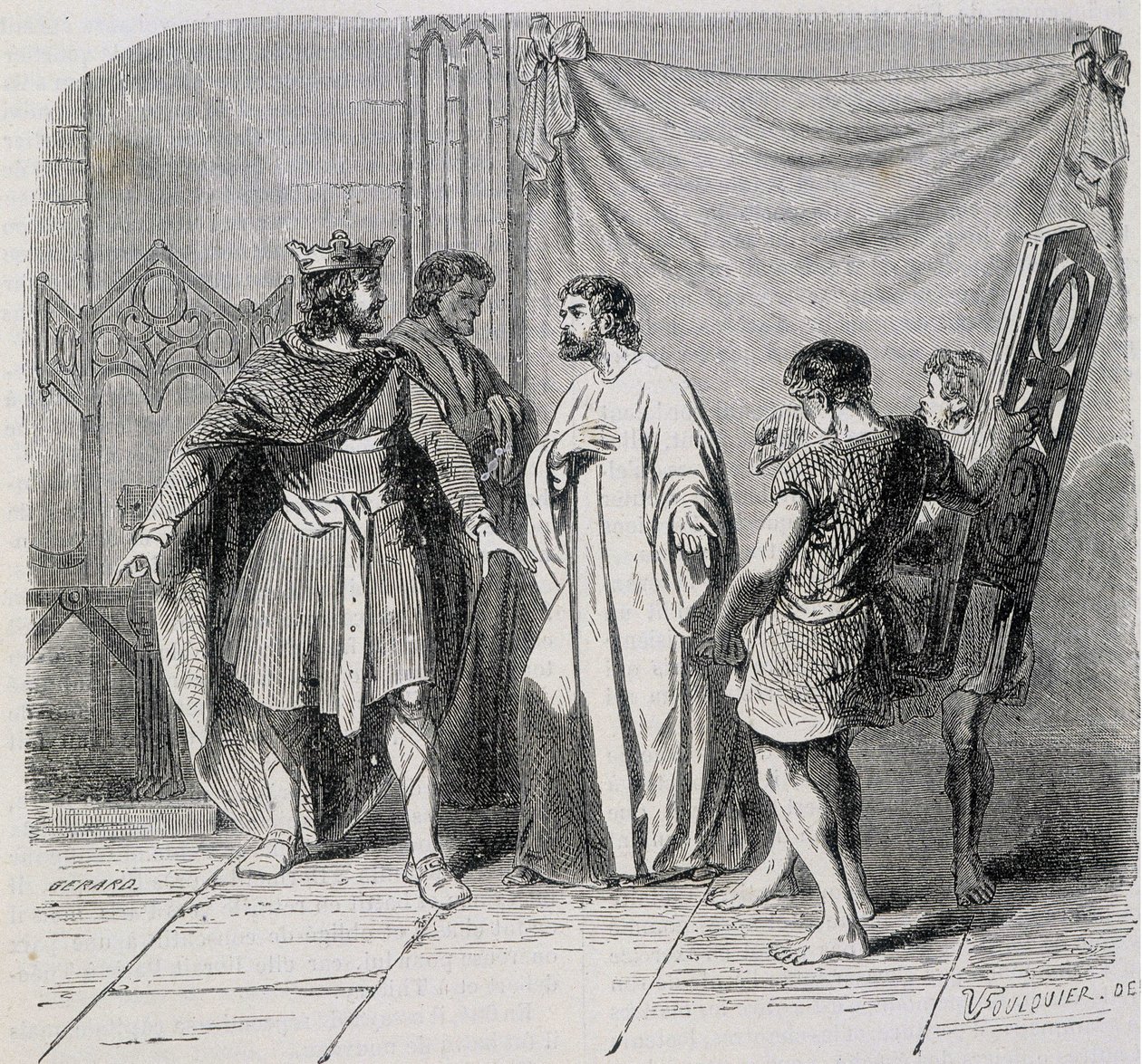 San Eloi y Dagoberto: Dagoberto se asombró cuando Eloi le presentó el segundo sillón - grabado del siglo XIX de French School