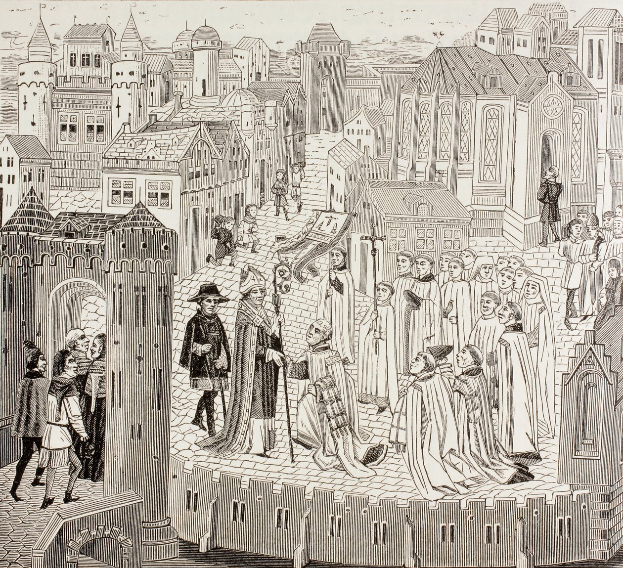 San Gaugerico, obispo de Cambrai, llegando a la ciudad para su nombramiento, de 